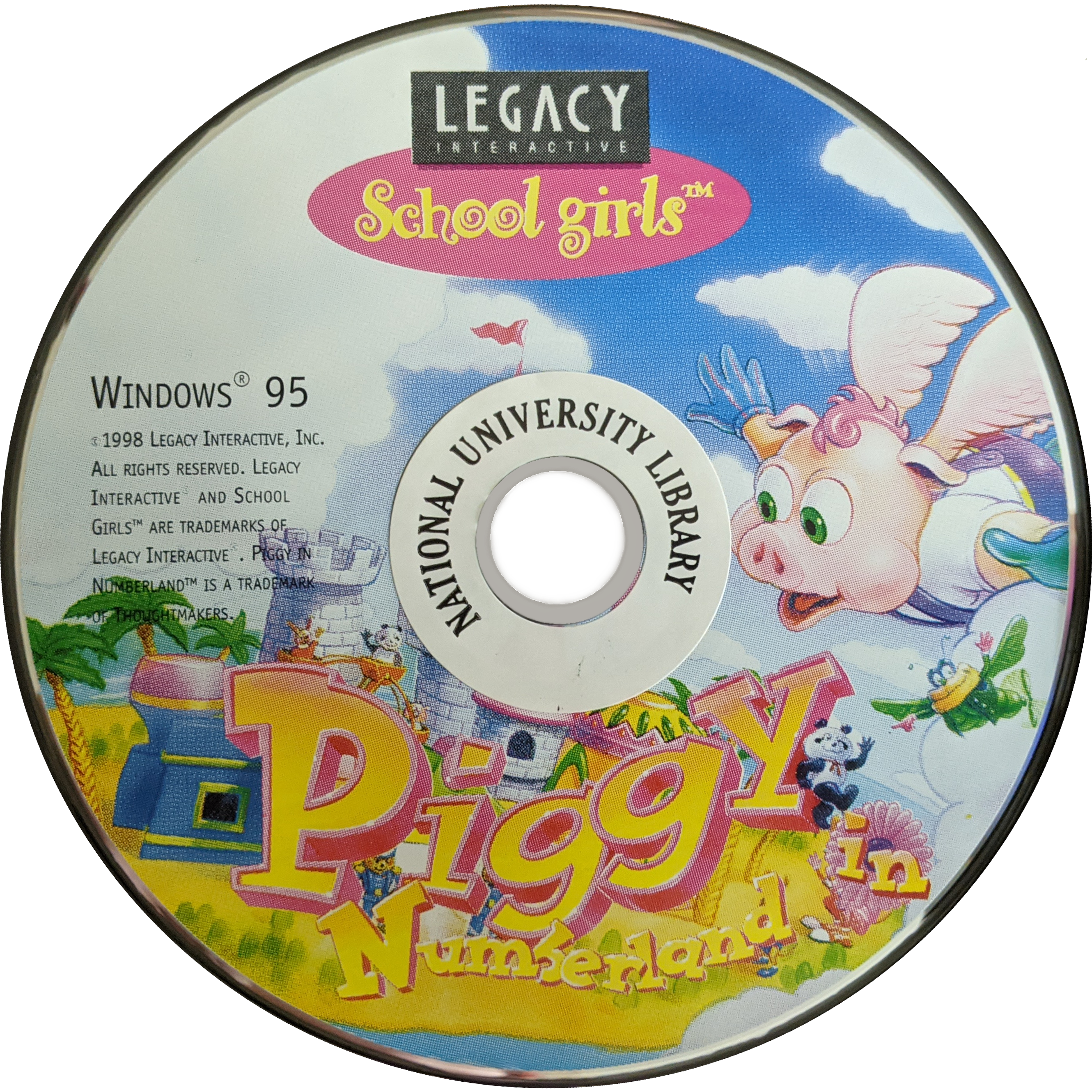 the disc art for Piggy in Numberland. it features a pig with wings flying through the sky over a castle and the title